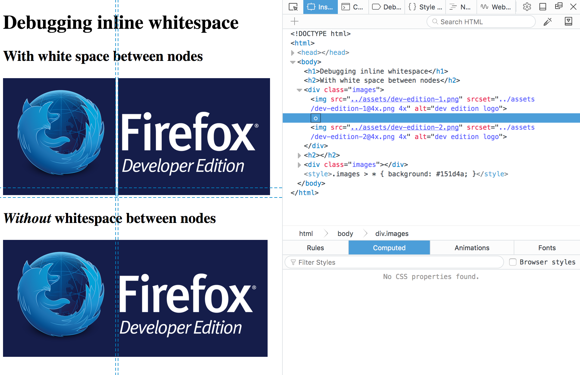 Whitespace debugging in DevTools in action