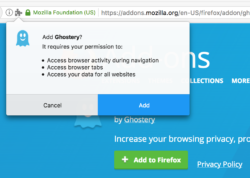 The WebExtension permission dialog for Ghostery, asking the user if the add-on can access browser activity during navigation, browser tabs, and browsing history