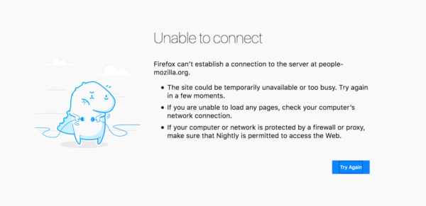 The new illustration for the Unable to Connect error page shows a dinosaur with short arms trying to plug two cables together.