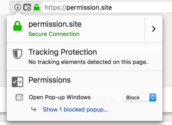 Showing the identity panel in Firefox with controls for blocking popups.