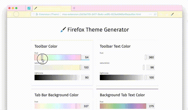 An animate GIF of an experimental Firefox Theme Generator add-on with sliders to change the colours of various parts of the browser
