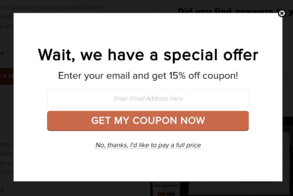 An in-content popup saying "Wait, we have a special offer!"