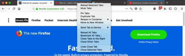 Screenshot of context menu in tab bar with multiple tabs selected