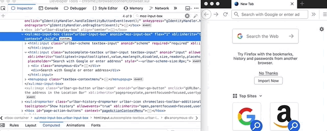 An animated GIF, showing how a CustomElement can be selected in the DevTools Inspector, and then from its context menu, can send the user to the CustomElement definition in the JavaScript debugger.