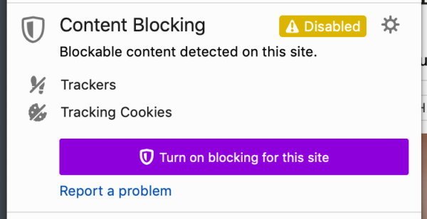 Showing the Identity panel in Firefox, where the "Turn on blocking for this site" has had its style changed to more closely match the styles used in Private Browsing mode.