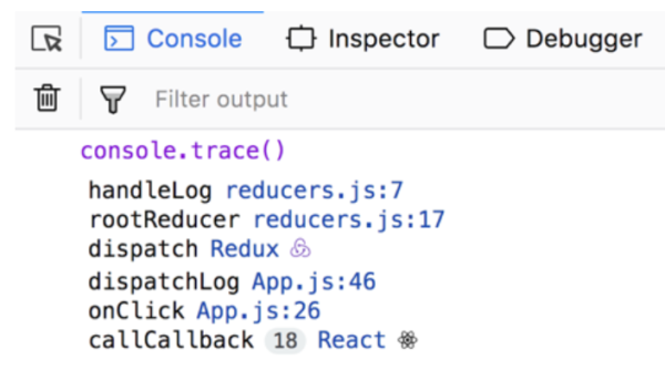 Showing a stack trace in the browser console triggered by console.trace(). The individual parts of the stack are links that can send you to the debugger.