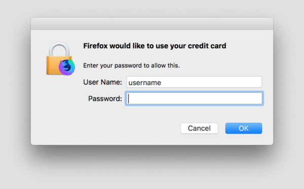 Showing a dialog in macOS that's asking for a username and password so that Firefox can access credit card storage.