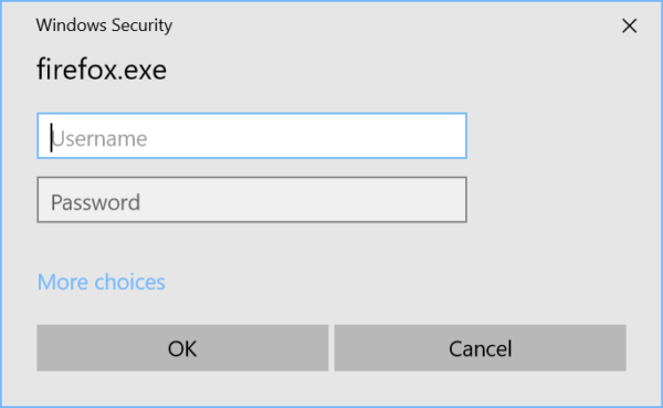 Showing a Windows Security dialog asking for a username and password so that firefox.exe can access secure storage.