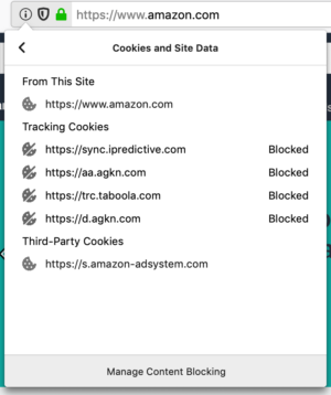 Showing the new cookies subpanel in the identity panel. Several tracking cookies are being blocked.