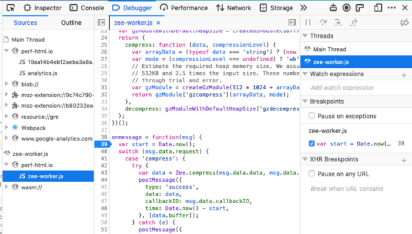 The DevTools debugger is open, and zee-worker.js, a Worker script, is being debugged.