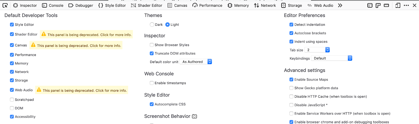 Warnings being displayed next to various panel toggles in the DevTools Settings panel, letting users know that these panels are deprecated.