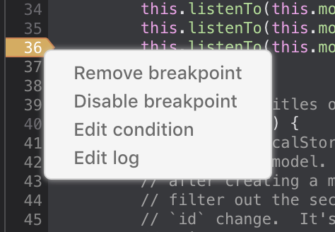 Screenshot of debugger with context menu for logpoints