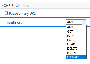 A dropdown in the DevTools debugger allows developers to break on different types of XHR requests, like GET, POST, PUT, HEAD, and DELETE.