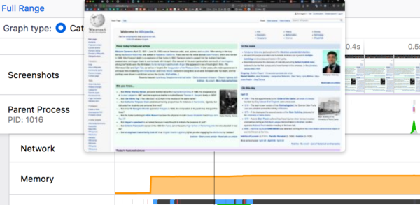 The Firefox Profiler is showing a larger thumbnail when hovering the "Screenshot" timeline track
