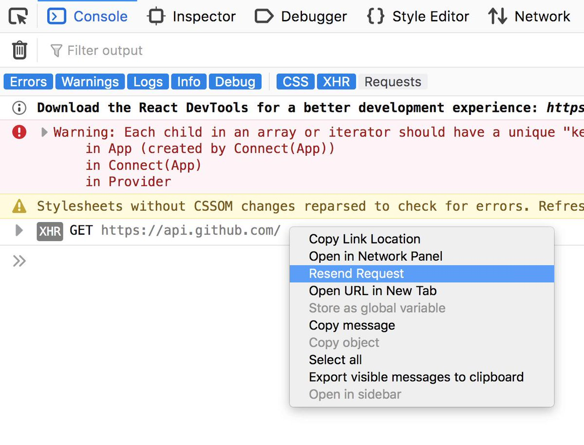 Screenshot of the context menu in the Web Console, showing the new "Resend request" feature for network requests.