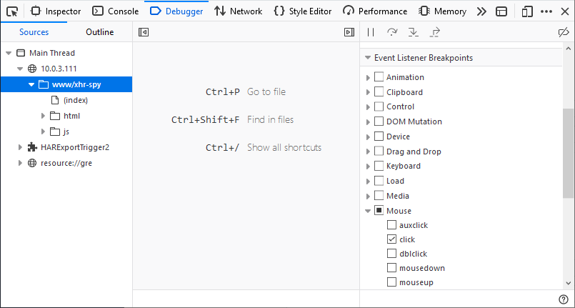 The Debugger showing the Event Listener Breakpoints pane, allowing developers to set breakpoints on individual events.