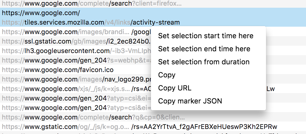 Showing the context menu on top of the Network panel of the Firefox Profiler tool.