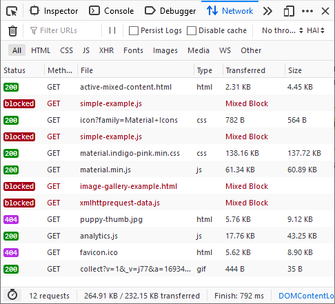 Blocked resources in the Network Monitor are displayed and marked in red.