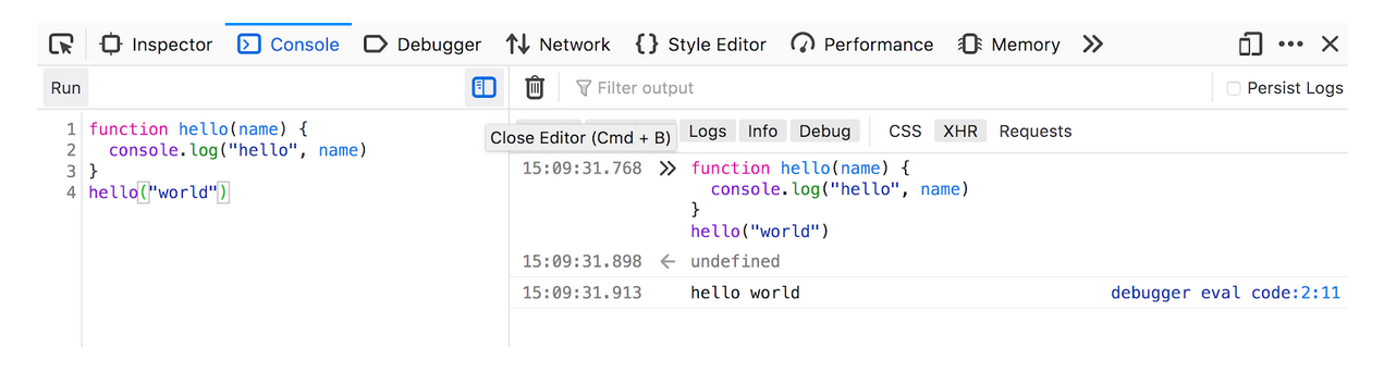 The Web Console showing a split pane between an editor and the output. A simple Hello World block of JavaScript is being executed in the console.