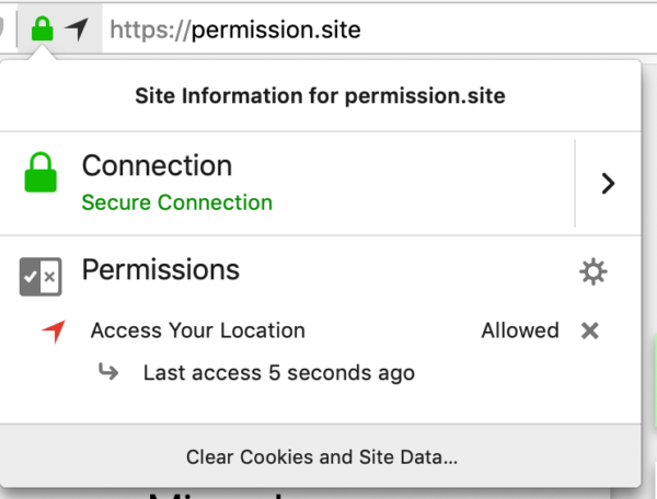 The Permissions section of the Identity Panel in Firefox showing that the Geolocation API was granted access to your location 5 seconds ago.