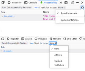 Screenshot showing a new "Scroll into view" option in the settings context menu of the Acccessibility Panel of the Devtools.
