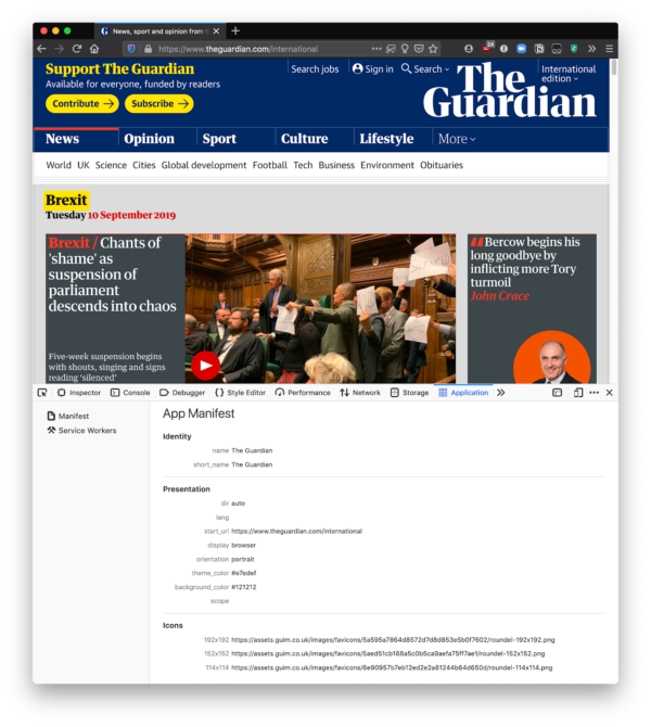 The work-in-progress Manifest Viewer is showing manifest information for theguardian.com.