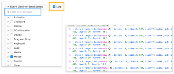 Screenshot of debugger with checkbox to log event listener calls