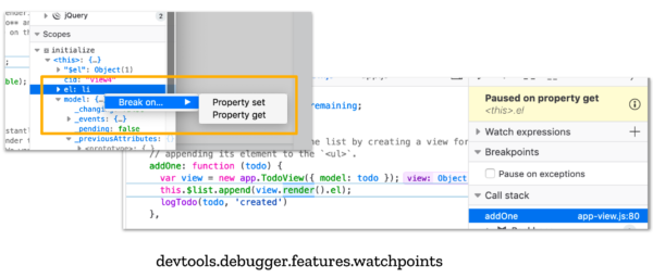 Screenshot of debugger with new menu options to break on property gets and sets
