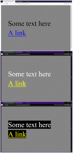 The top browser window shows the default view of some text over an image, the middle browser window shows the same content in light on dark high contrast mode, and the bottom browser window shows the new readability backplate in action.