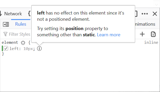 Screenshot of the warning displayed for an inactive CSS property on an element