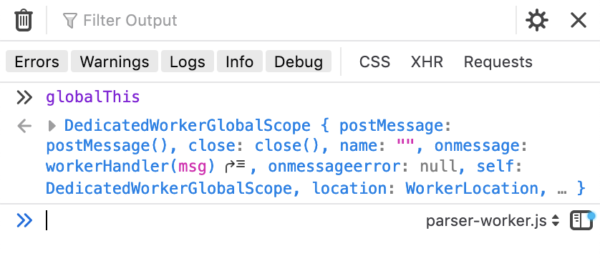 A dropdown at the bottom of the Browser Toolbox console displays a dropdown that lets the user choose which context to run JavaScript in. parser-worker.js is currently selected.