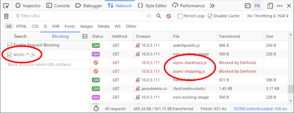 A table in the Network Monitor developer tool shows a series of requests. Two of the requests are marked as "Blocked by DevTools", and a column shows that this block is due to a regular expression in the Blocking pane.