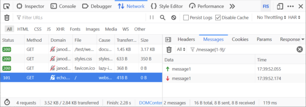A table in the Network Monitor Developer Tool shows a series of requests, one of which is a WebSocket connection. The messages being sent over the WebSocket connection are being filtered by a regular expression in the side pane.