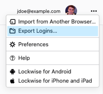 ”Export Logins…” menu item in the menu of about:logins