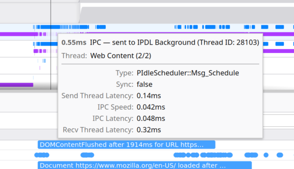 A popup when hovering an IPC marker shows information about the IPC message, including the kind of message, whether it was synchronous, latency when sending to the messaging thread, IPC speed and latency, and receiving thread latency.
