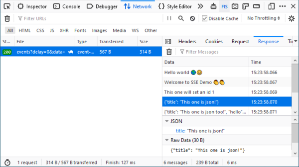 A Server Side Event endpoint is showing incoming event data via the Response panel in the Network inspector. The data is a mixture of raw strings (“Hello world”) and JSON.