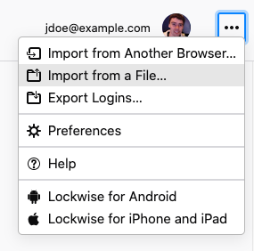 The more popup next to jdoe@exaple.com now displays "Import from a File..." in the dropdown