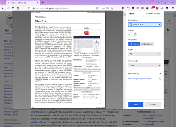 A screenshot of the new printing dialog in Firefox. A pane on the left shows a render of how Firefox's Wikipedia page will appear on a printed page. Many printing options appear to the right, including the printer destination, number of copies, and whether to print in portrait or landscape.