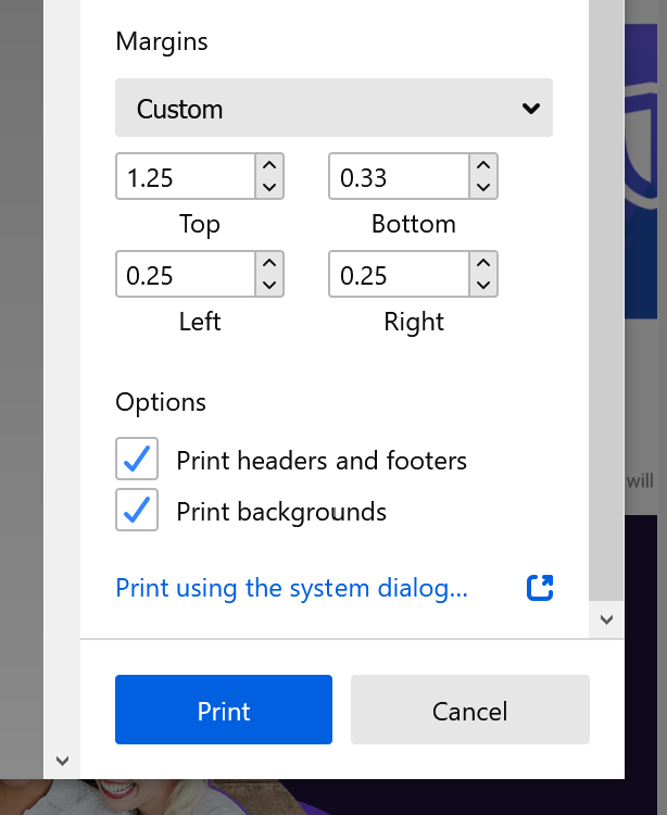 The new printing modal in Firefox Nightly showing the ability to set custom margins around the document.