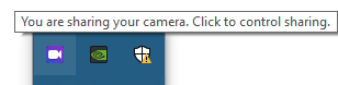 The system tray on Windows showing a new icon resembling a camera. A tooltip is telling the user that "You are sharing your camera. Click to control sharing."
