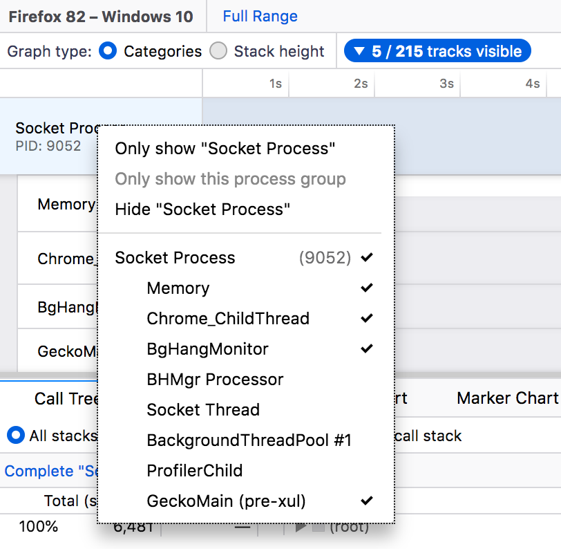 The context menu for a thread in the profiler UI. It shows toggles for showing and hiding threads only in the associated process.