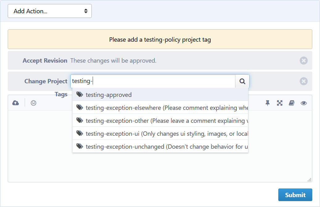 At the bottom of a Phabricator revision page, an add-on has automatically inserted an action to change the project tags. An autocomplete popup shows the various testing flags that can be set, per the new testing policy for mozilla-central.