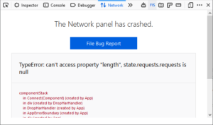 The network panel indicates that it has crashed with a large button with the text "File Bug Report." It then lists the stack and the typeError that caused this crash