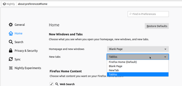 Dropdown menu of newtab pages to use.