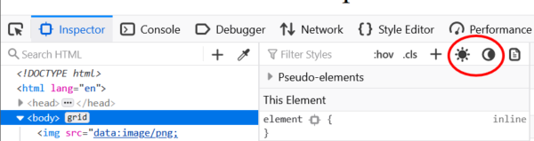 Two new icons in the DevTools inspector sidebar are highlighted. They are of a sun and a moon. They toggle prefers-color-scheme.