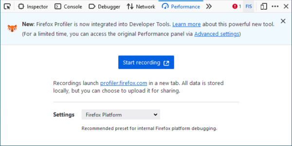 The new DevTools performance tab. An onboading message notes that "Firefox Profiler is now integrated into Developer Tools".
