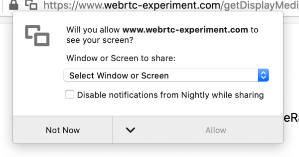 A WebRTC permissions panel asks the user if they want to share their screen. A checkbox underneath asks if Firefox notifications should be disabled.
