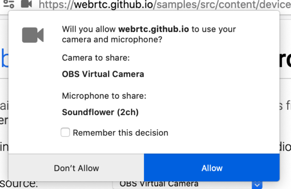 A WebRTC permissions panel where the dropdowns for camera and microphone are replaced with static text.