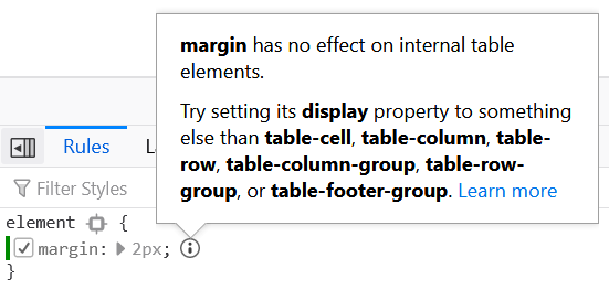 A panel in DevTools says that "margin has not effect on internal table elements" and offers recommendations on how to fix this.