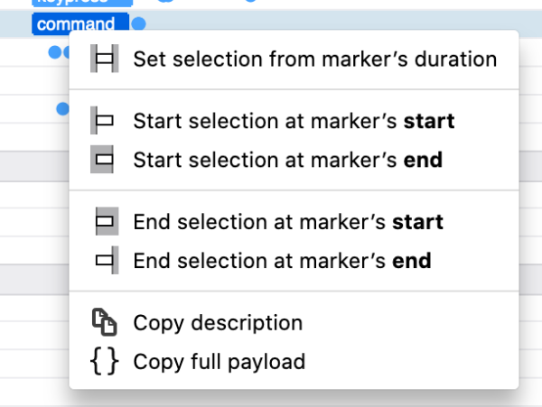 A context menu with several items about setting profiler markers.